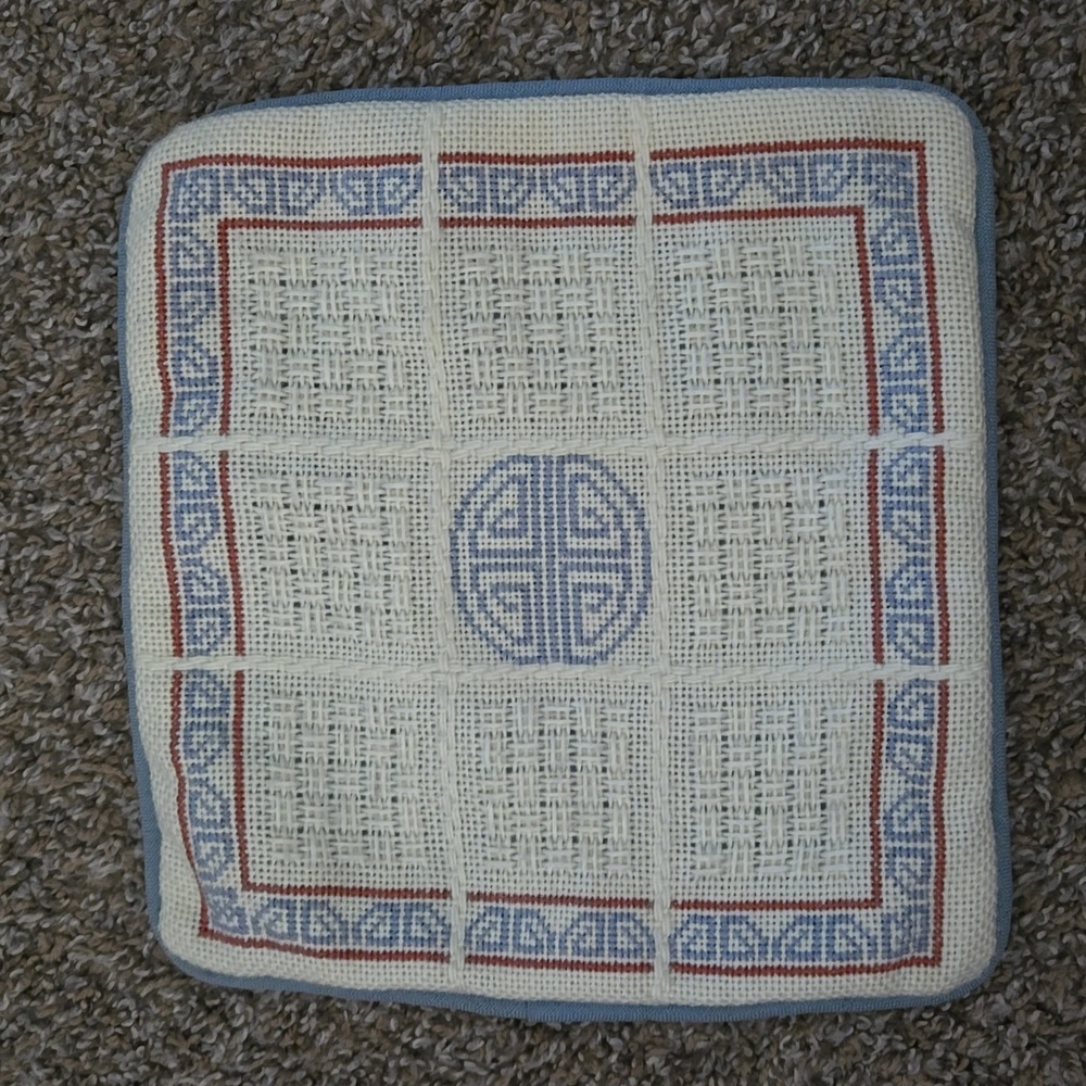 Stitched Pillow Cover, 9.5 x 9.5, blue cotton backing with zipper.